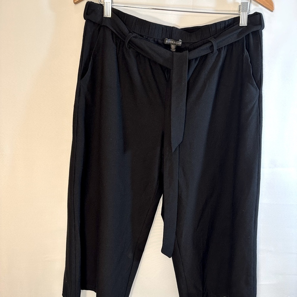 Eileen Fisher Cropped Black Pants Stretch Wide Leg Tie Belt Loop Pockets Side M
